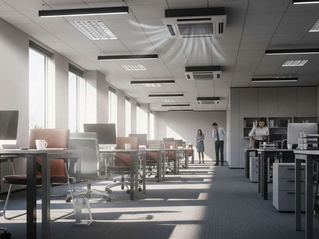 Clean-looking office space with airborne dust particles circulating from carpets, vents, and surfaces, affecting indoor air quality.