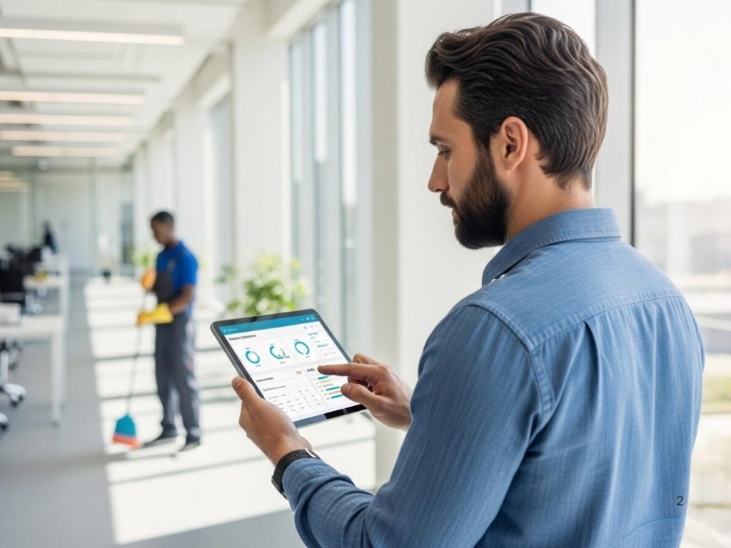 Facility manager reviewing cleaning performance metrics and inspection reports in a commercial office setting.