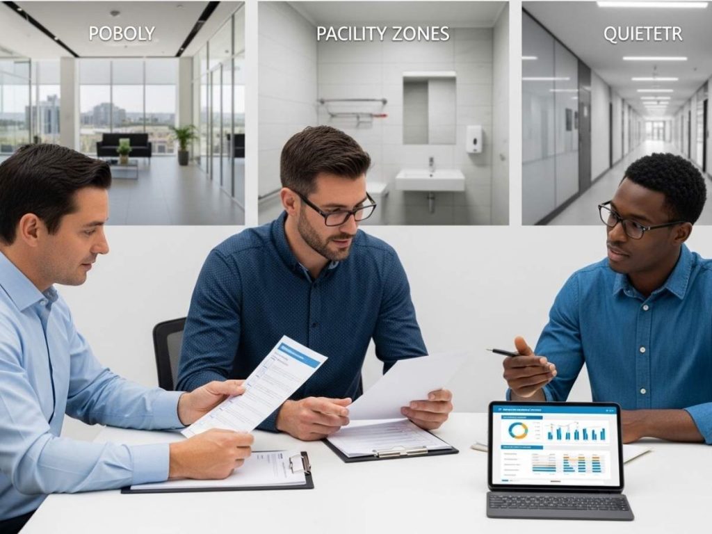 Facility manager reviewing cleaning provider performance with reports and checklists in a multi-tenant building