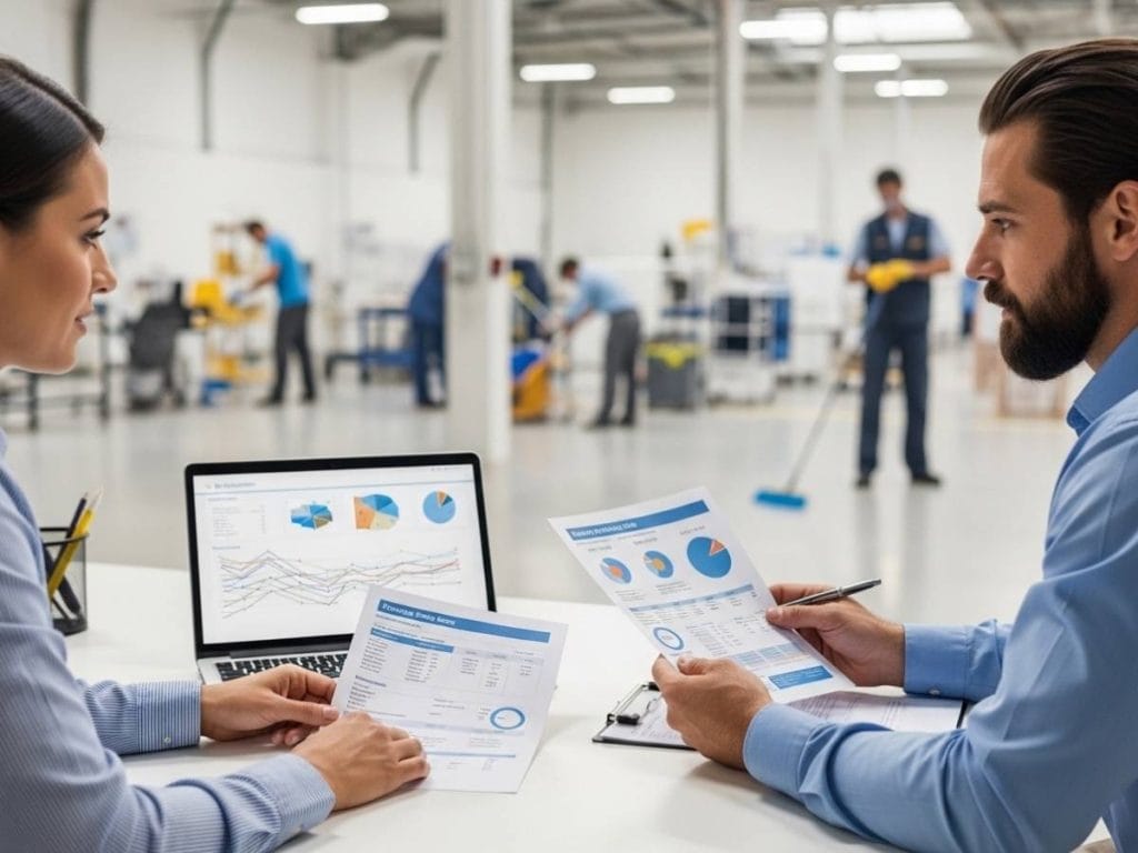 Facility manager and contractor reviewing a detailed commercial cleaning pricing breakdown in a modern office