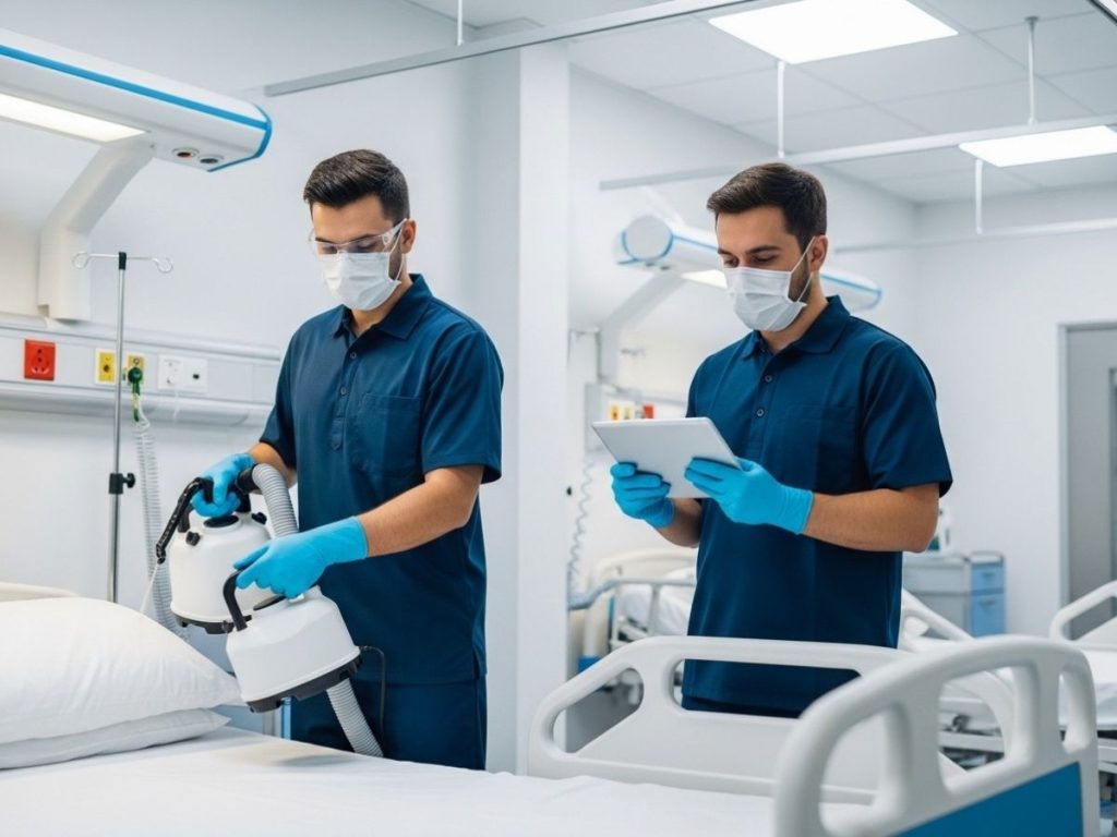 Professional cleaning team following strict infection control procedures in a medical facility