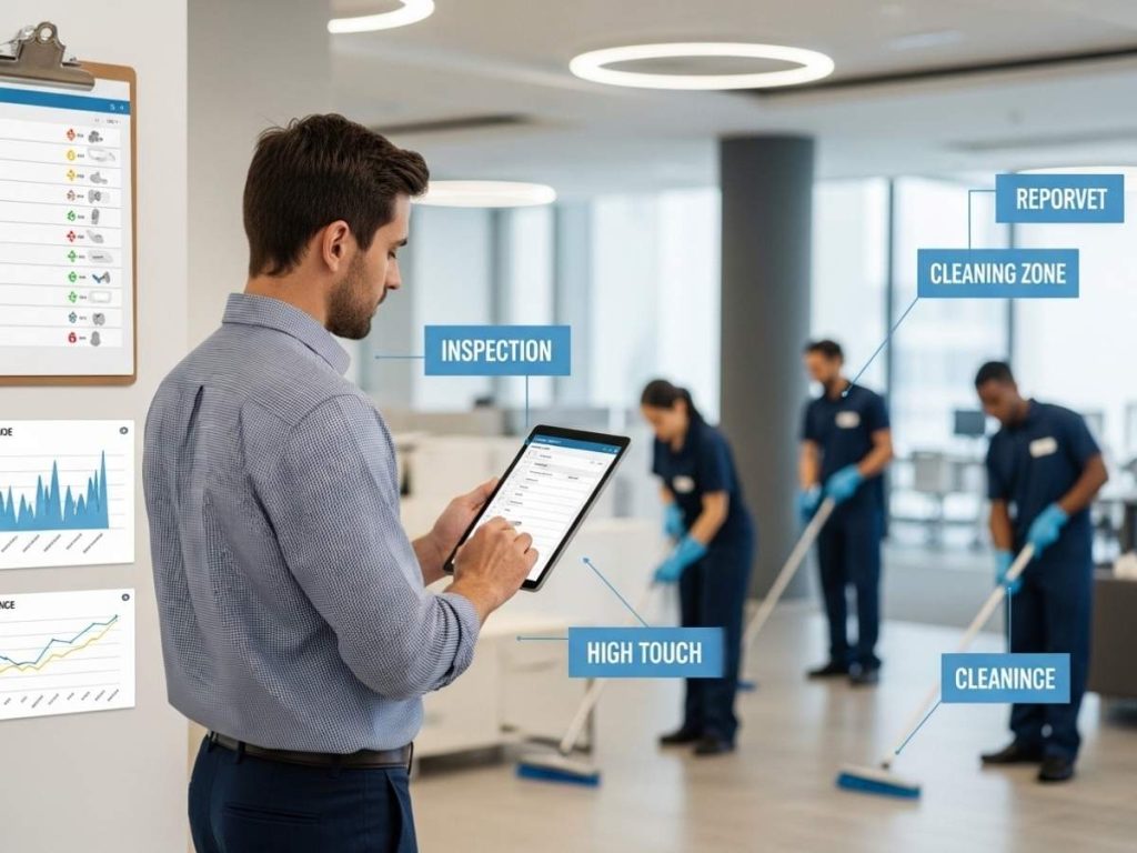 Cleaning supervisor performing a quality inspection and reviewing performance data in a commercial facility