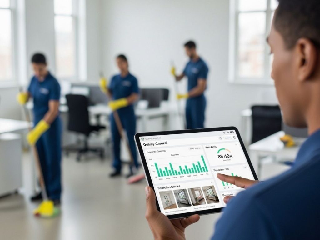 Supervisor reviewing cleaning KPIs and quality control reports on a tablet in a modern office environment