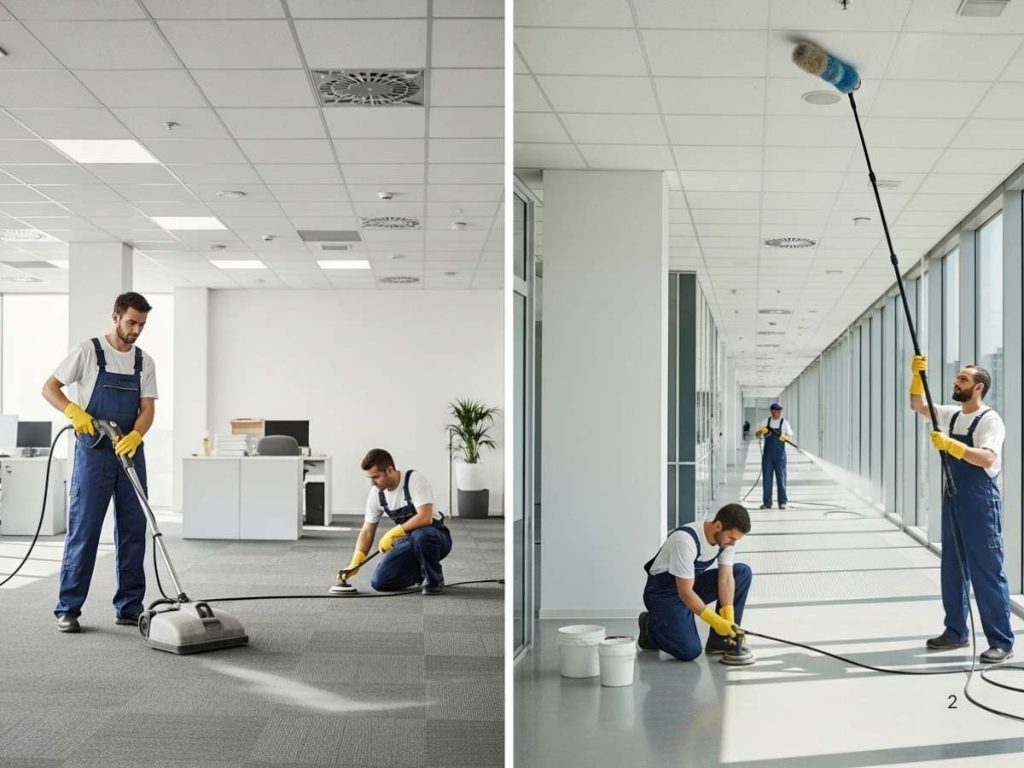Commercial cleaning team performing deep cleaning tasks including carpet steaming, floor resealing, and high-level dusting in a modern office.