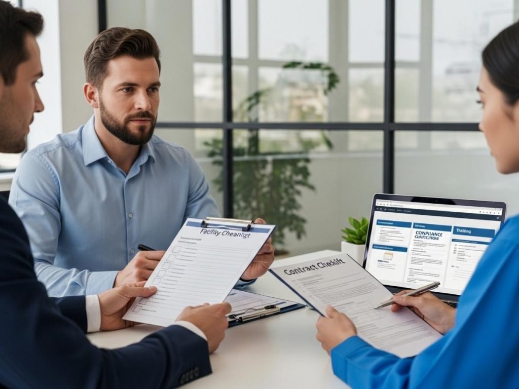 Manager asking key questions and reviewing documents before signing a commercial cleaning contract
