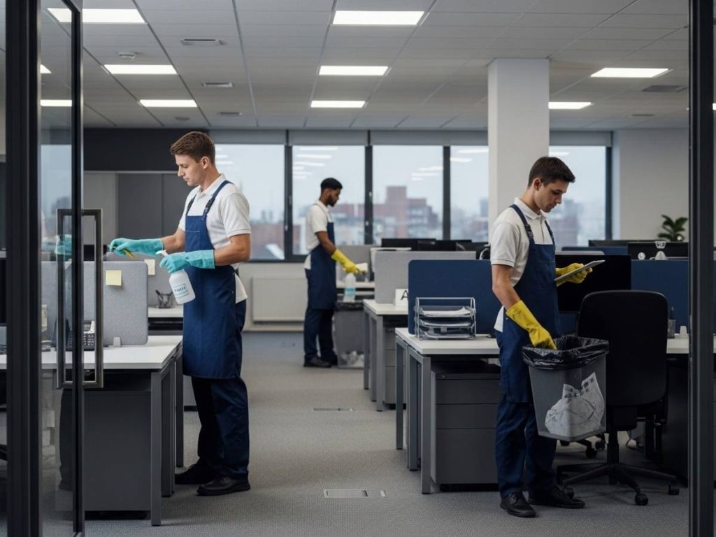 Commercial cleaning team maintaining a modern office with structured, reliable cleaning routines.