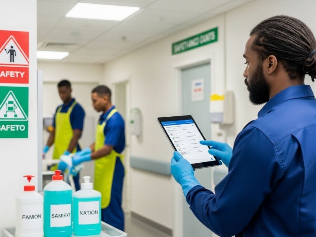 Cleaning supervisor performing a compliance inspection with a digital checklist in a regulated facility environment