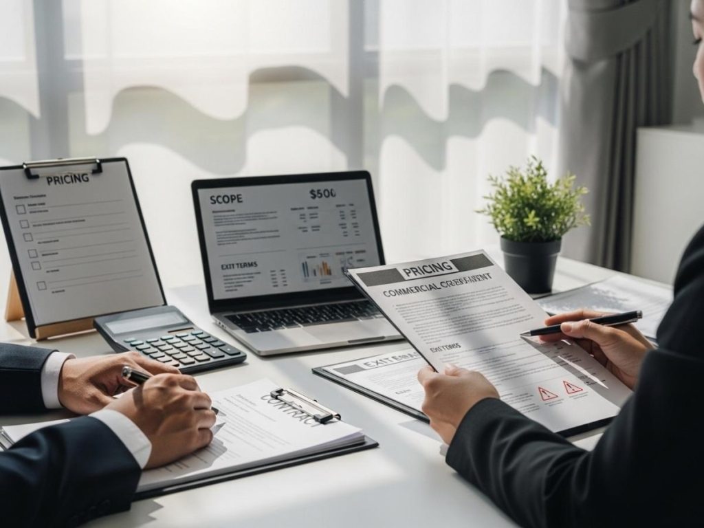 Professionals reviewing a transparent commercial cleaning contract with pricing details and terms before signing