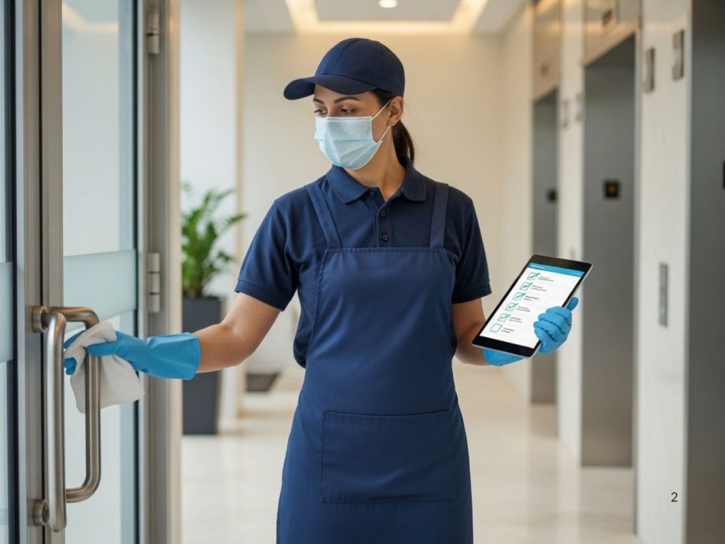 Cleaning staff documenting sanitization tasks in a modern office building to ensure compliance and hygiene standards.