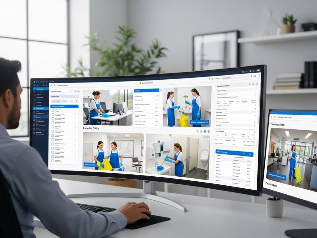 Centralized dashboard managing multiple commercial cleaning sites with coordinated teams and real-time reporting