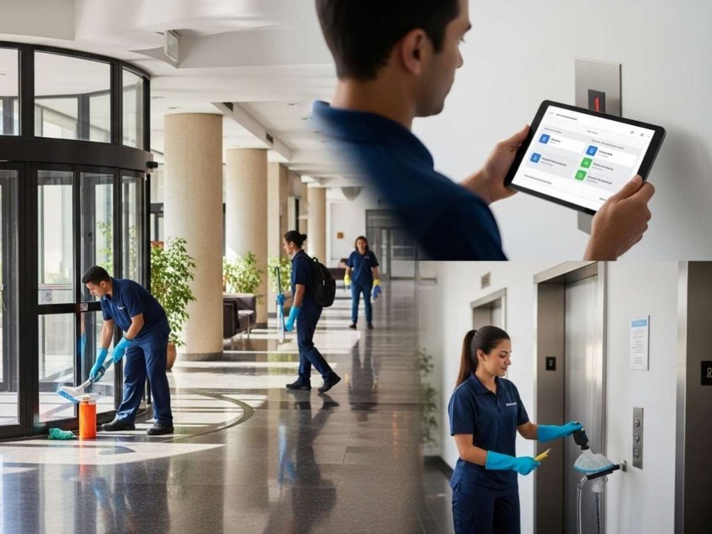 Busy commercial building with day porter cleaning high-traffic areas while managing schedules and priorities