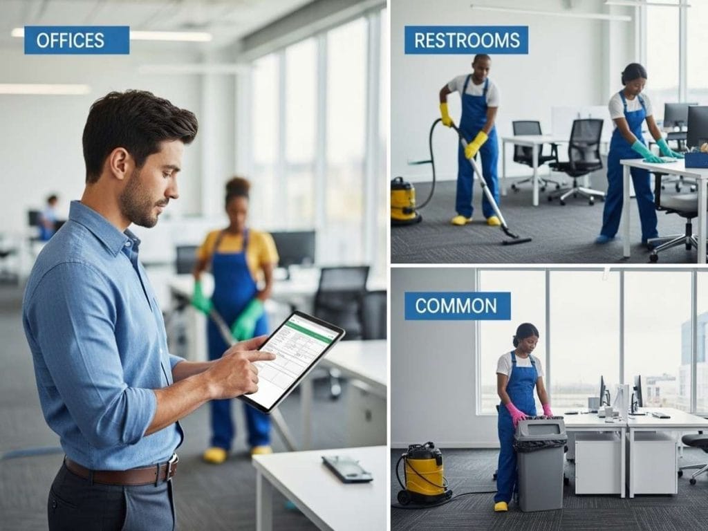 Facility manager reviewing a detailed commercial cleaning scope while staff perform organized cleaning tasks in a modern office