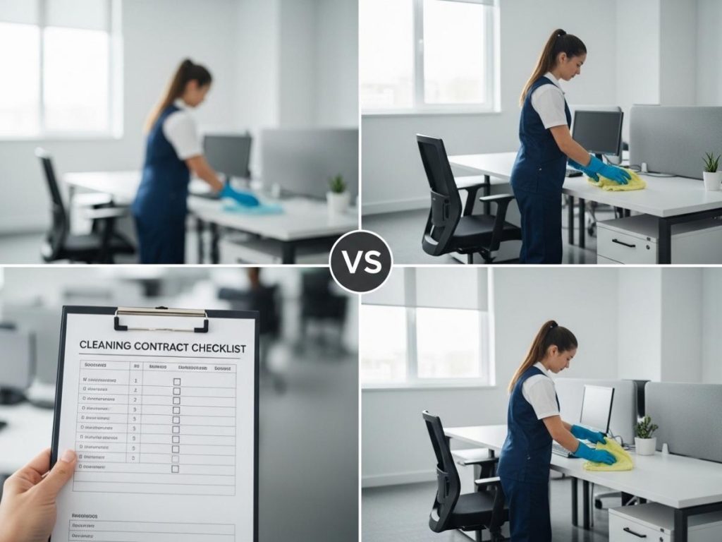 Facility auditor comparing a cleaning contract checklist against actual service delivery in a commercial office