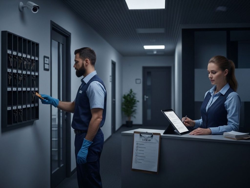 After-hours office cleaning staff following strict security and access control procedures in a secure workplace
