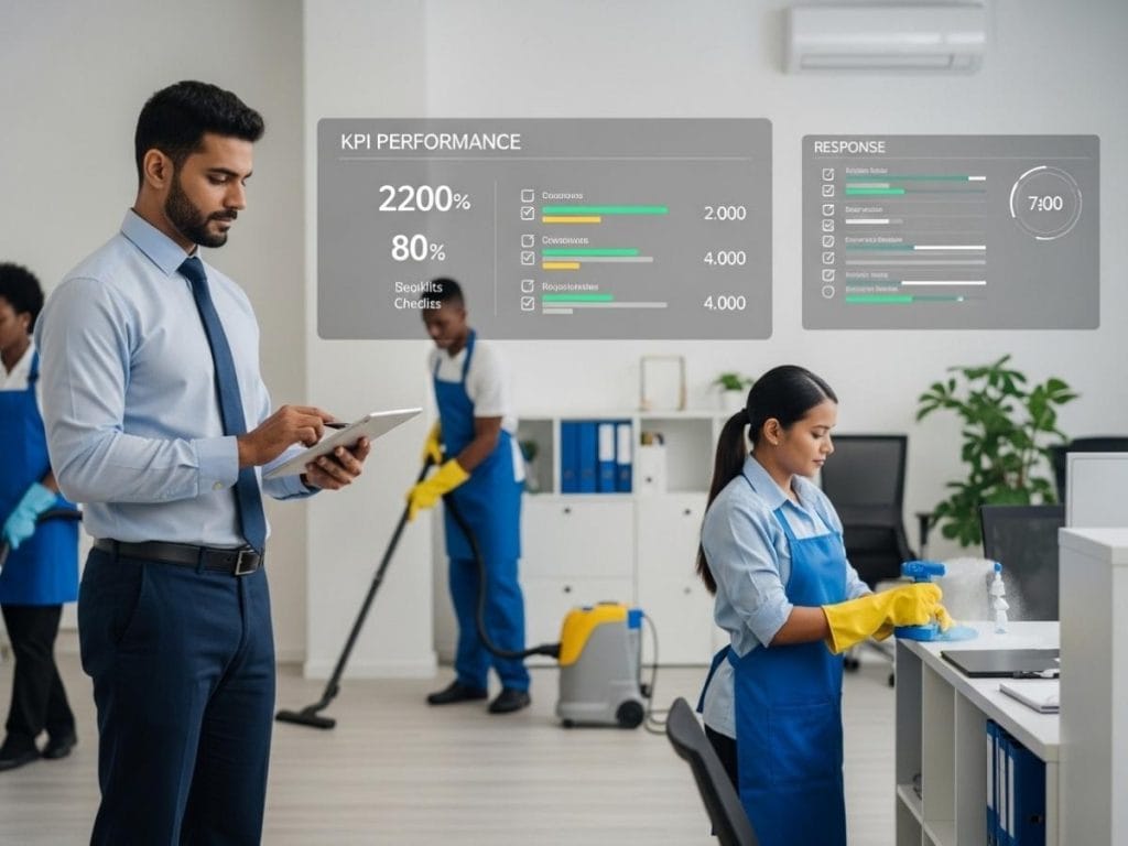Cleaning supervisor reviewing KPIs on a tablet while staff perform quality-checked cleaning tasks in a modern office