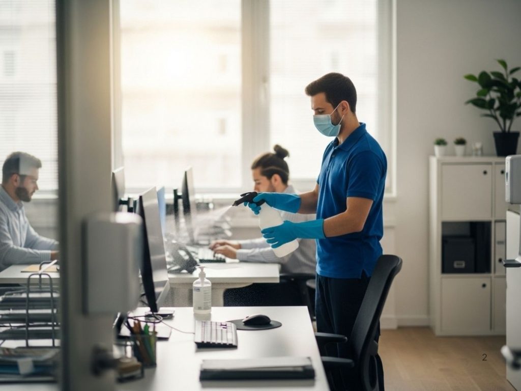 Professional office cleaning in progress to reduce sick leave and maintain workplace productivity.