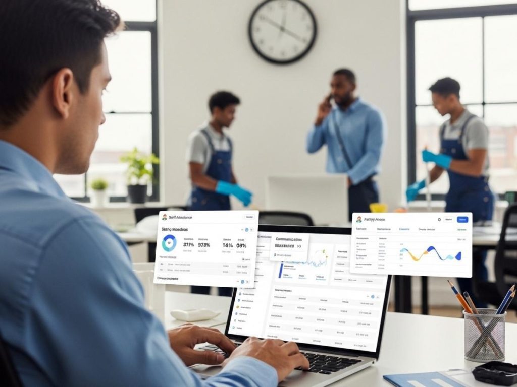 Facility manager monitoring cleaning staff performance and communication systems during a busy operational period