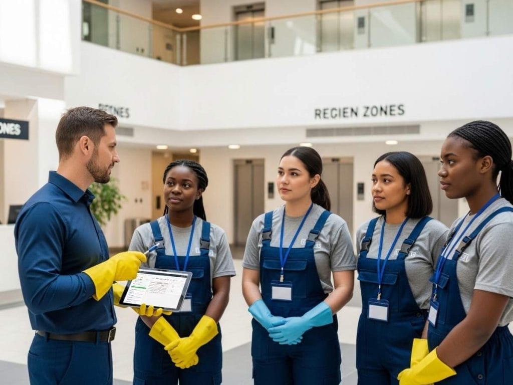 Cleaning supervisor briefing uniformed staff with schedules and communication tools in a modern commercial building