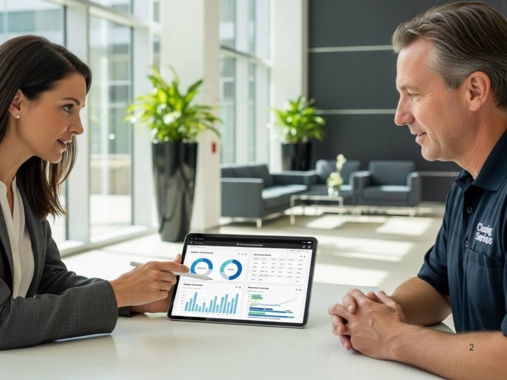 Facility manager and cleaning supervisor reviewing performance data together in a modern commercial building.