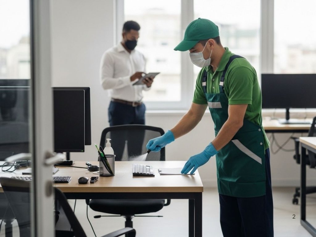 Office sanitising in progress with technician cleaning high-touch surfaces while manager reviews hygiene checklist.