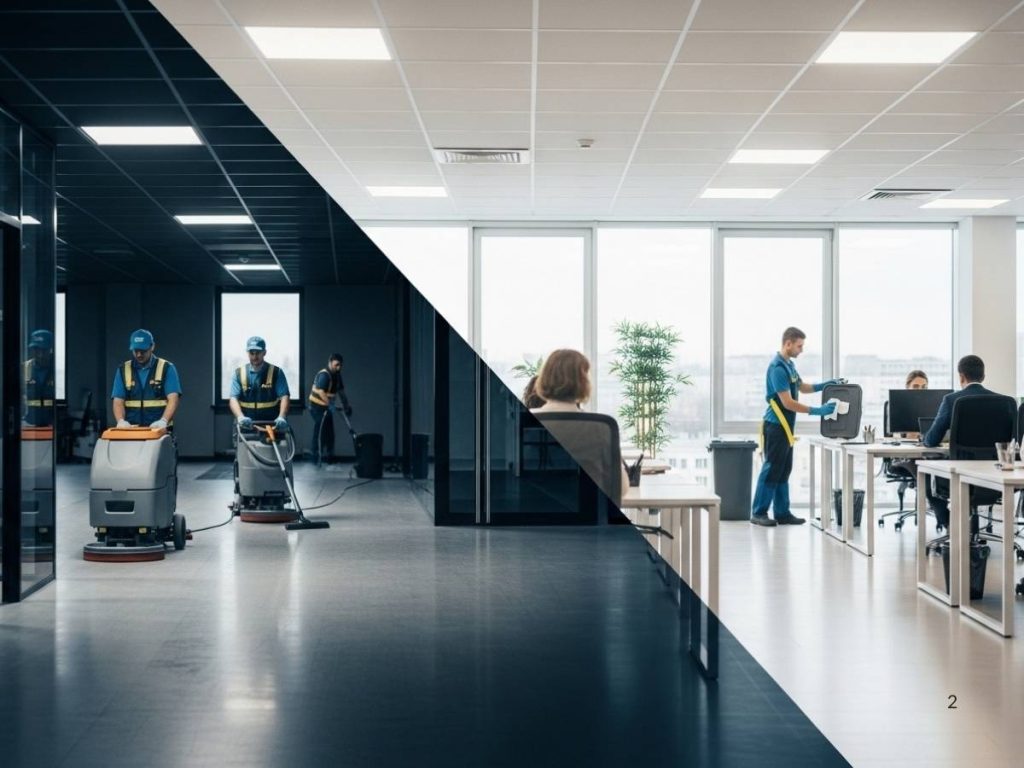 Commercial cleaning teams working in coordinated after-hours and daytime schedules within a modern office environment.