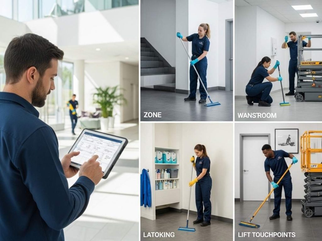 Facility manager reviewing structured cleaning plan while staff clean different zones in a multi-tenant building