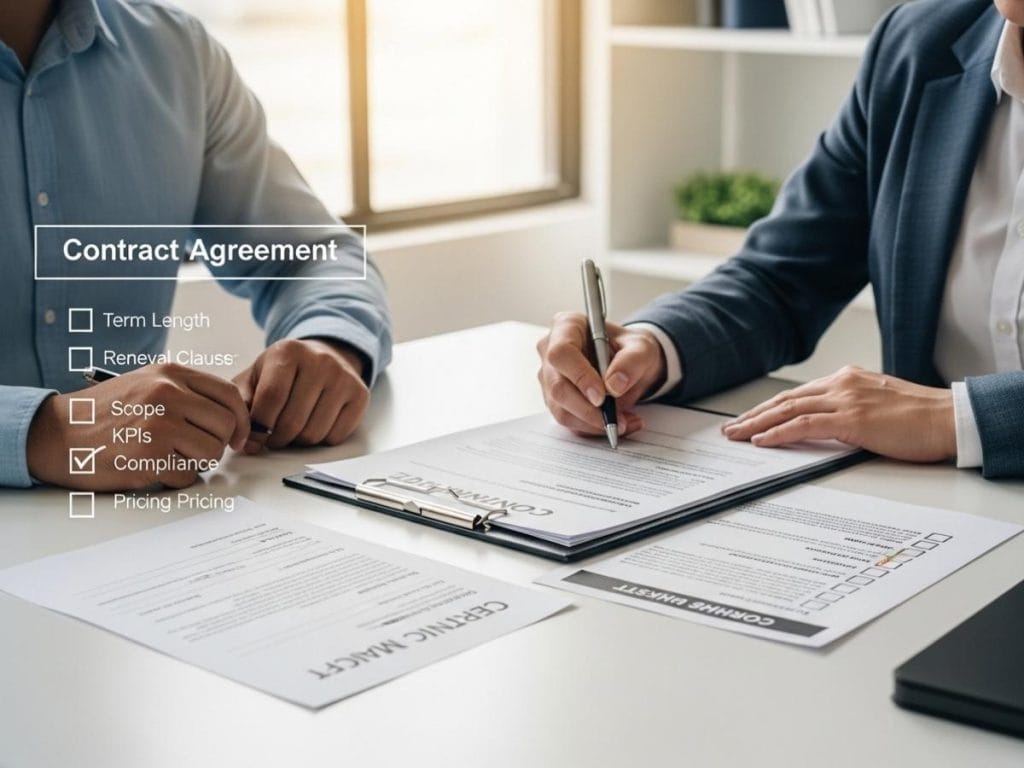 Facility manager and contractor reviewing and signing a commercial cleaning contract with a checklist in a modern office
