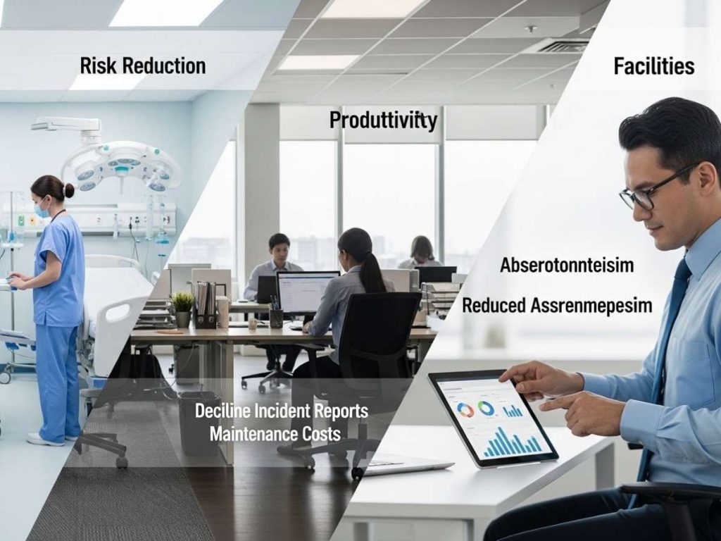 Clean workplace and healthcare environments illustrating risk reduction, productivity, and business performance outcomes.