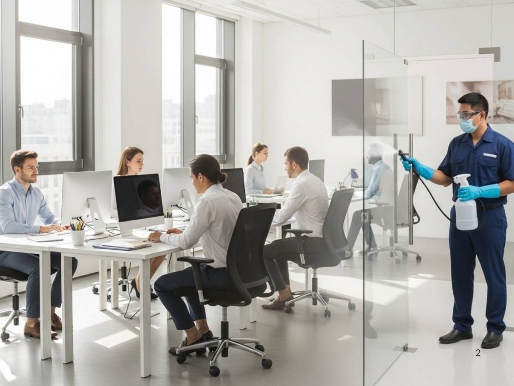 Clean office environment with employees working productively while surfaces are being disinfected to reduce absenteeism.