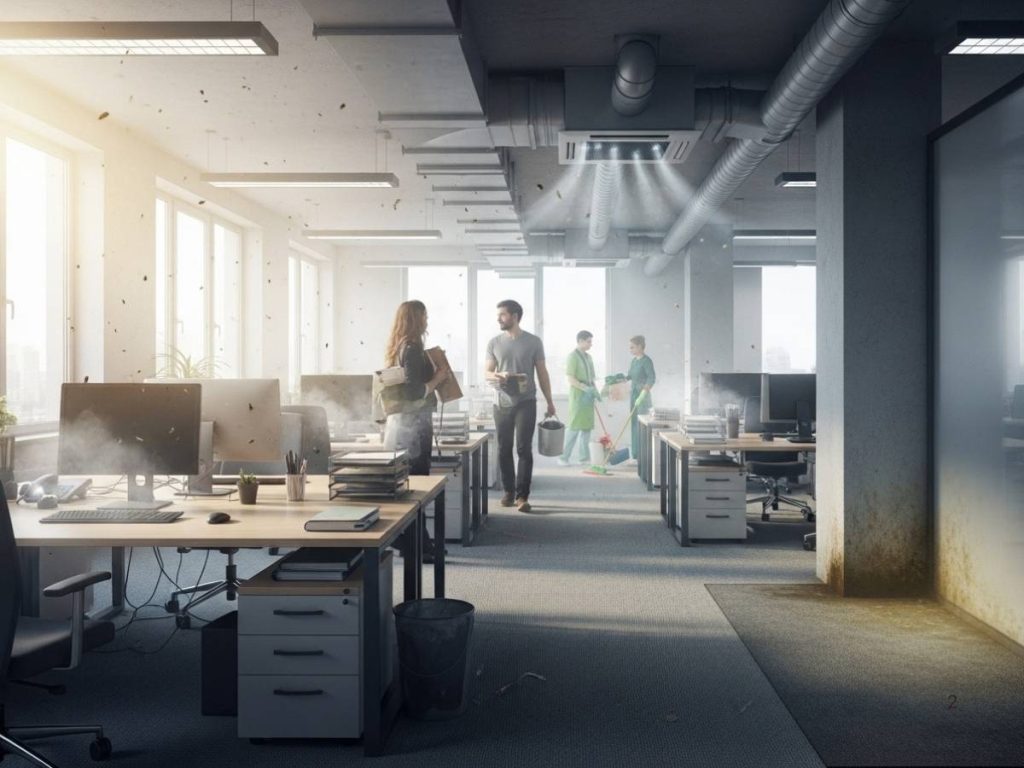 Office environment illustrating indoor air pollutants like dust, VOCs, and ventilation-related air circulation.