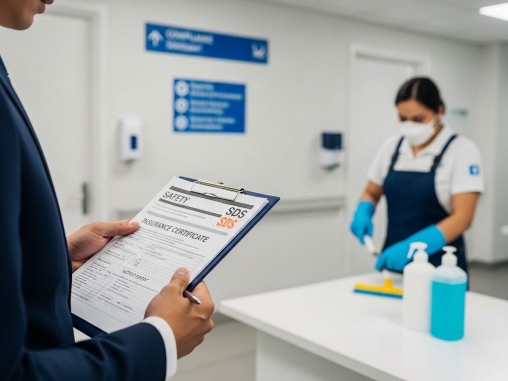 Safety officer reviewing cleaning compliance documents while staff follow proper hygiene and safety protocols