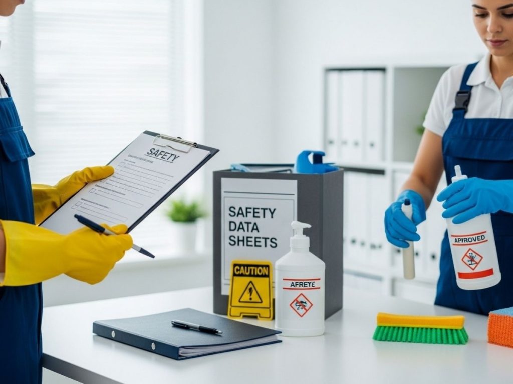 Office cleaning staff following WHS compliance procedures with safety documents and proper chemical handling