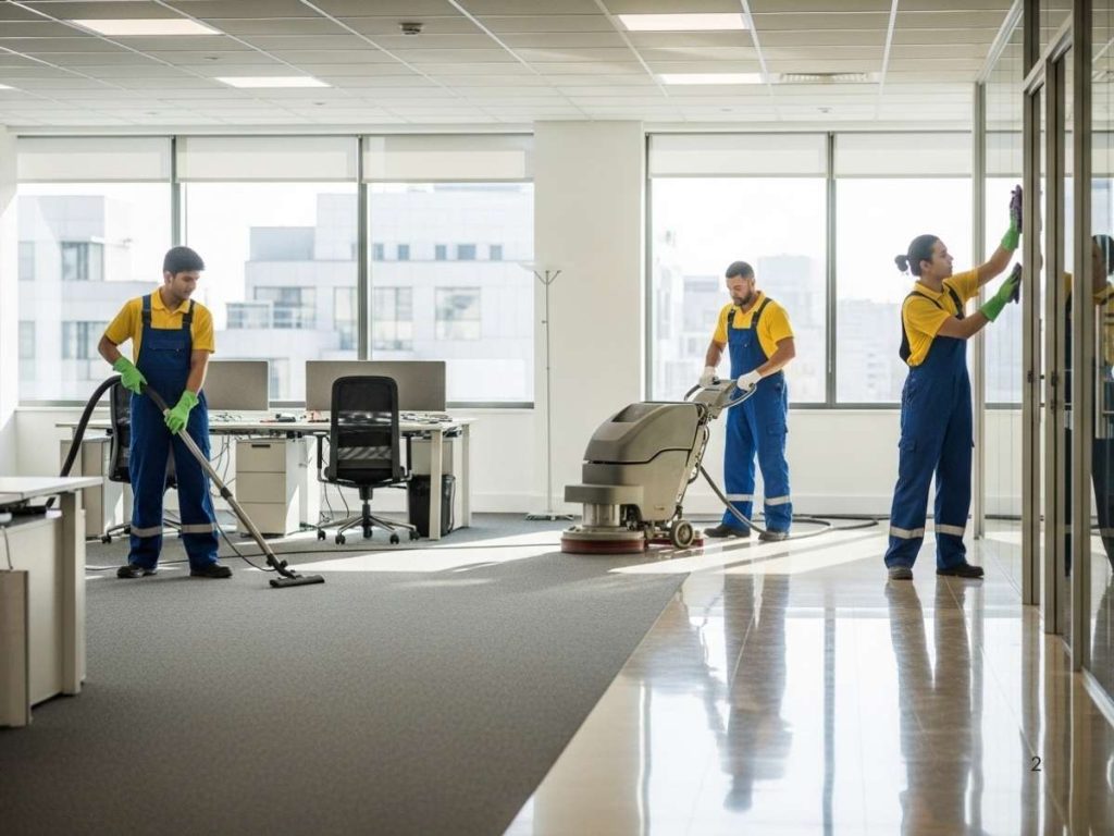 Commercial cleaning staff performing weekly maintenance tasks in a modern office environment.