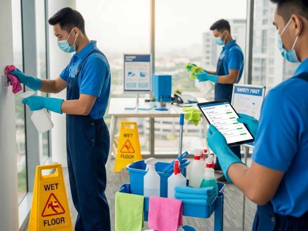 Commercial cleaning staff following safety and compliance procedures in a modern office environment