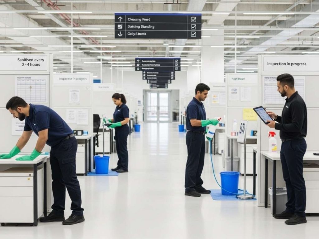 Professional cleaners following documented standards in a large facility with visible schedules, inspections, and hygiene procedures.