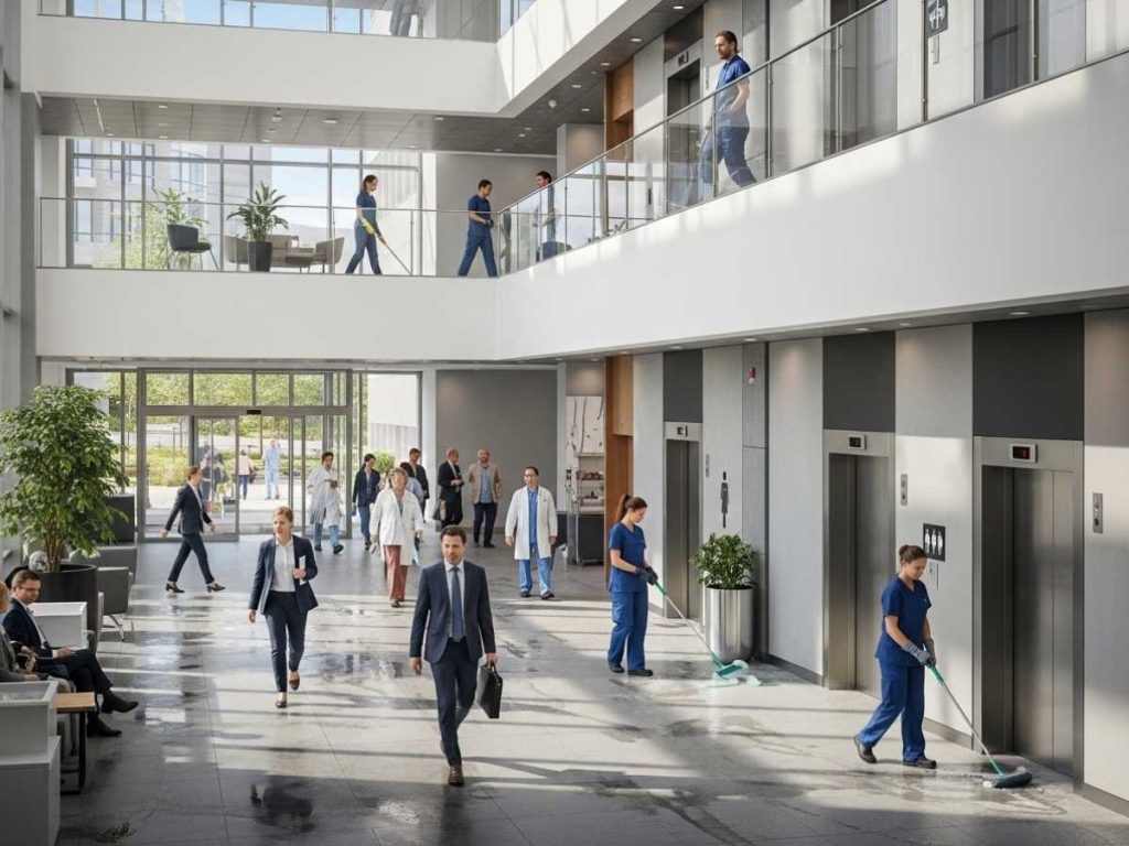 Busy multi-tenant building lobby with mixed tenants and active cleaning across shared spaces