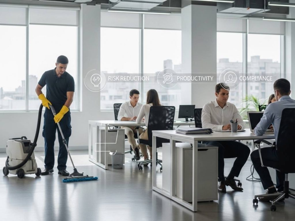 Professional cleaning in a modern office highlighting productivity, cleanliness, and operational efficiency.