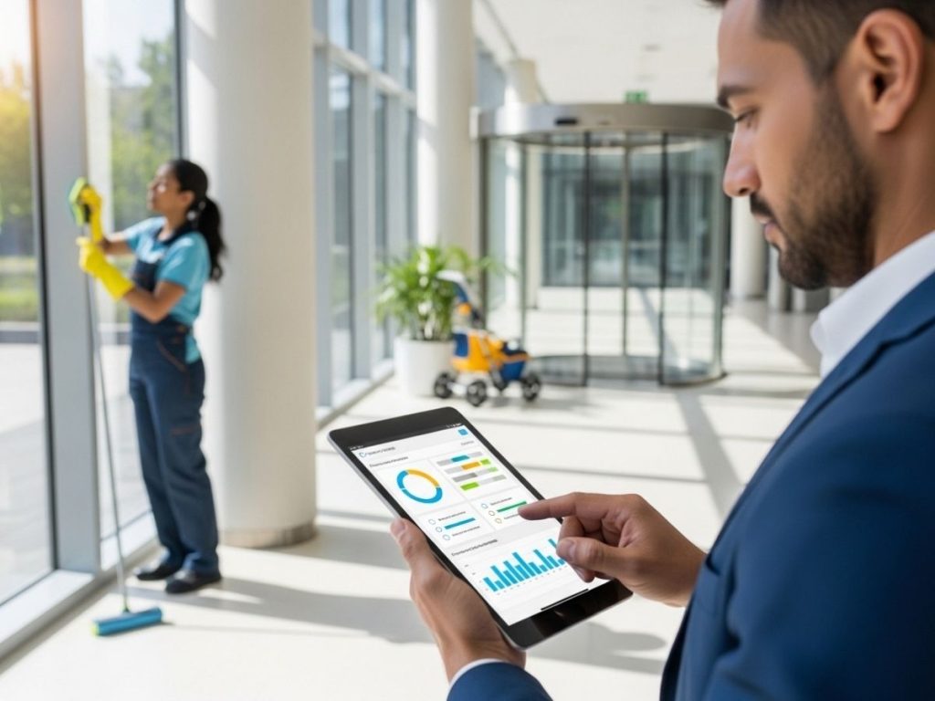 Facility manager reviewing a commercial cleaning audit checklist with performance data in a modern office setting