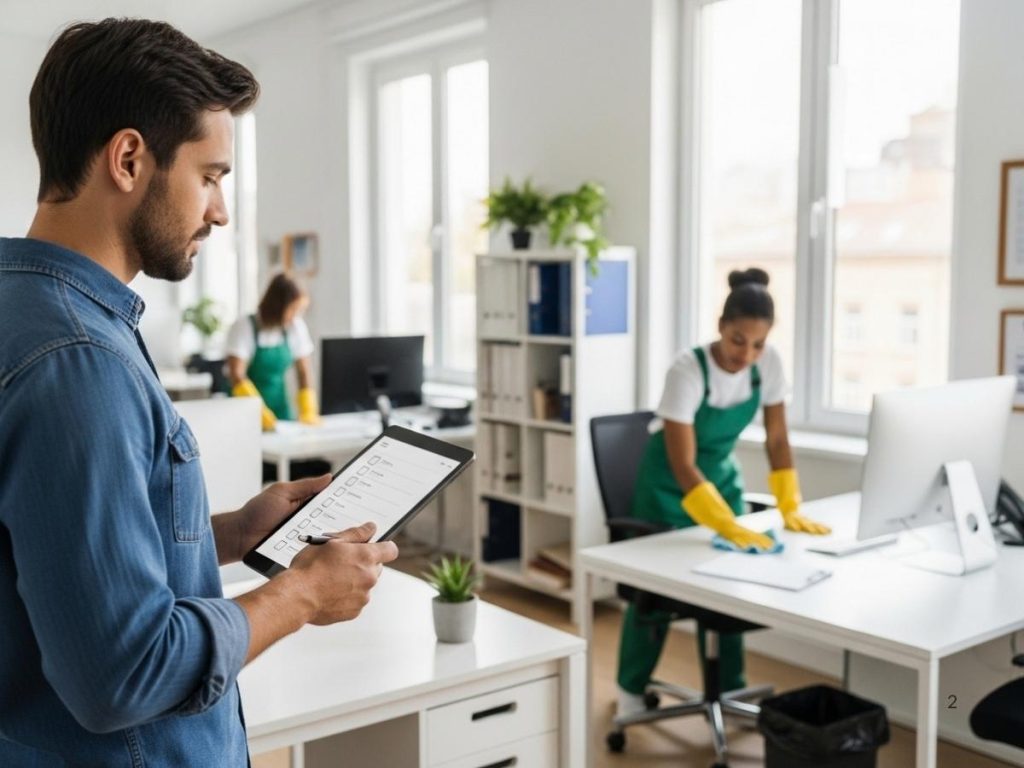 Cleaning supervisor inspecting office cleaning quality using a digital checklist while staff perform tasks in a modern workspace.
