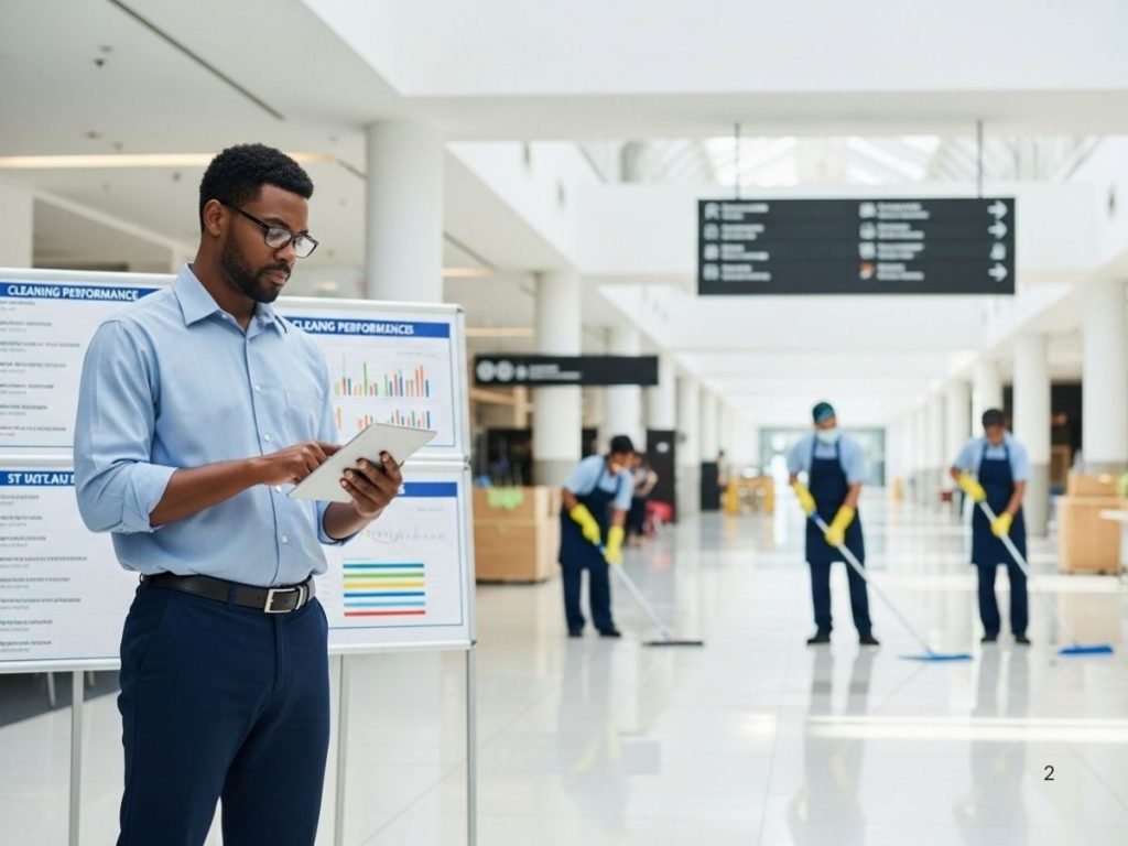 Facility manager overseeing structured cleaning operations with staff working in a busy commercial space.