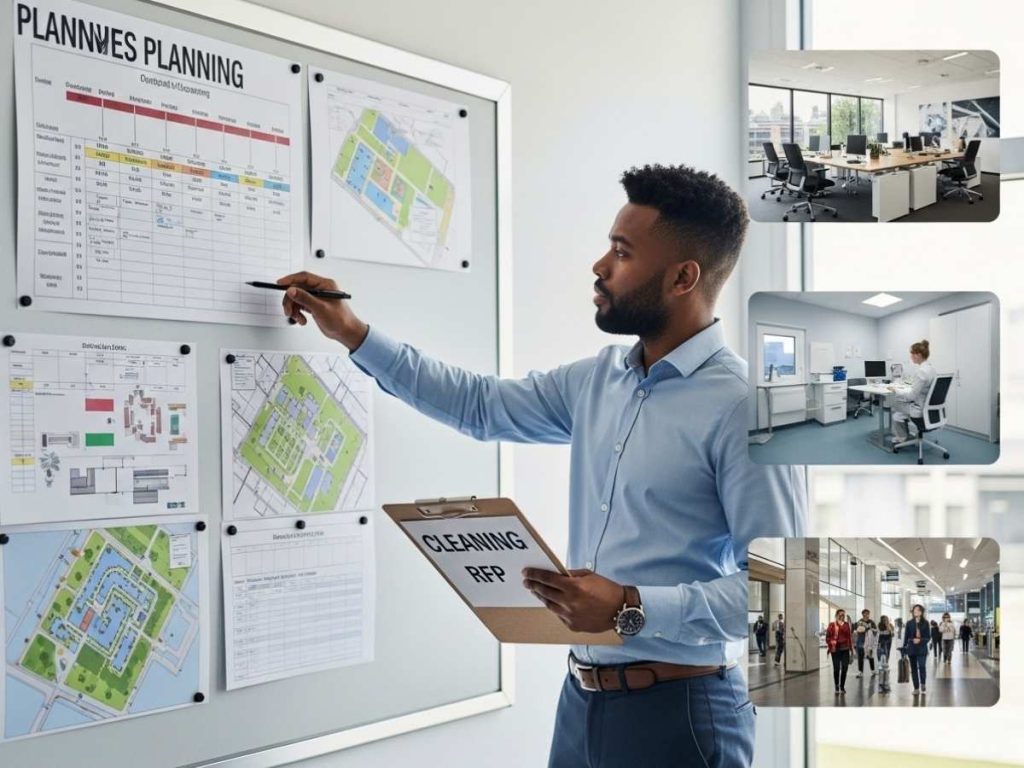 Facilities manager planning a cleaning RFP timeline with visual references to office, medical, and public facility environments