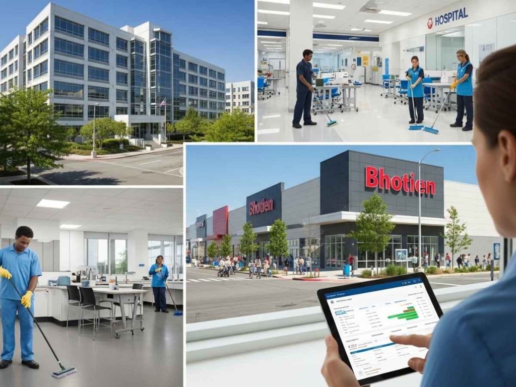 Facility manager overseeing consistent cleaning operations across multiple commercial sites with performance metrics displayed