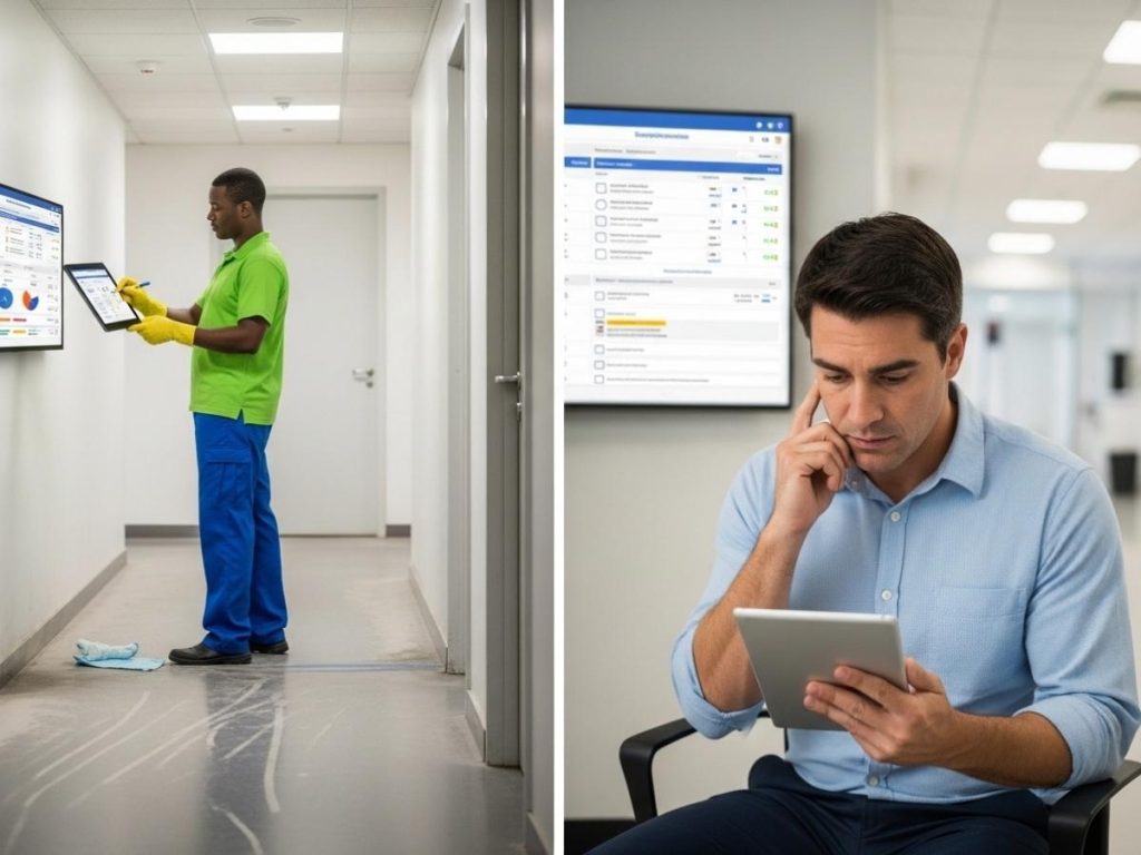 Comparison of unstructured versus structured cleaning management showing declining cleanliness and organized inspection process in a commercial facility.