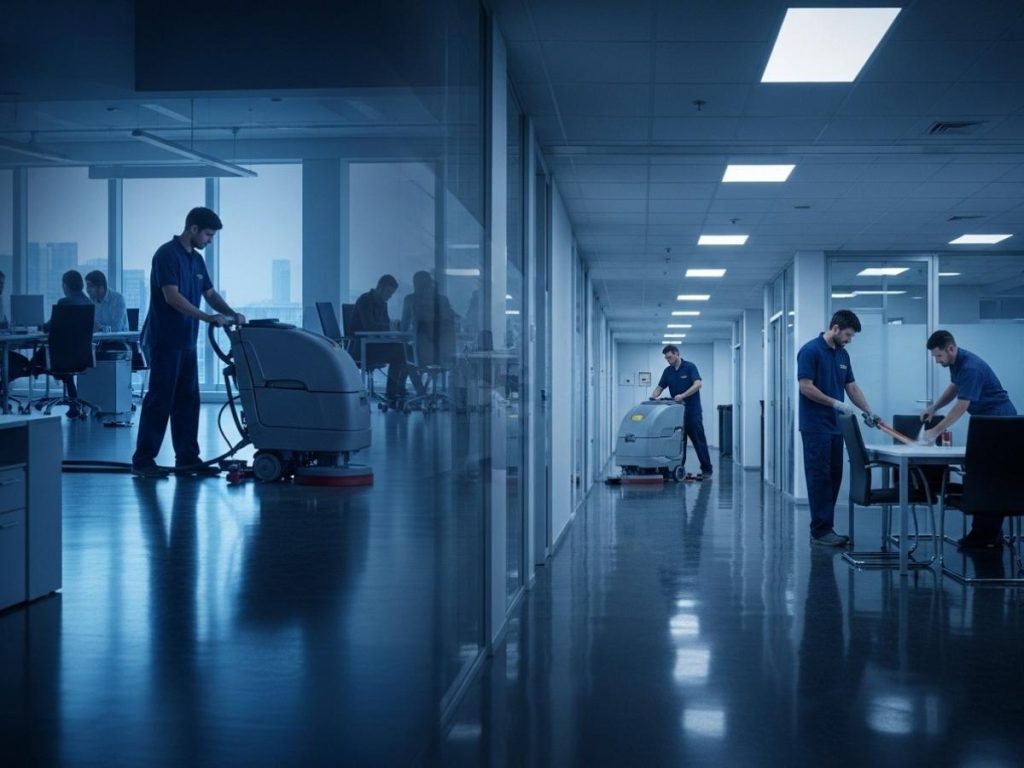 Night office cleaning in progress contrasted with a busy daytime workplace to show reduced disruption and improved safety