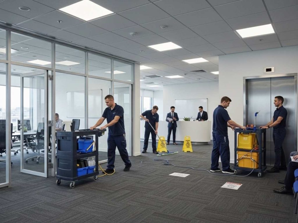 Cleaning staff disrupting office productivity during peak hours in a busy corporate workplace.
