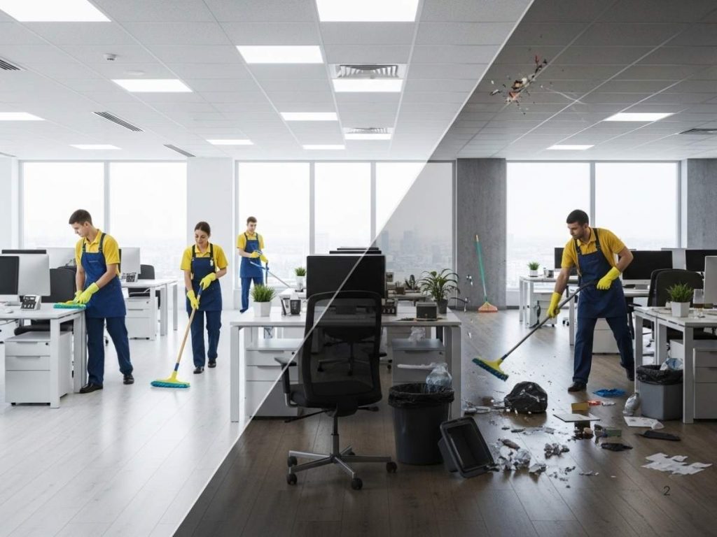 Comparison of scheduled commercial cleaning versus reactive cleaning in a modern office setting.